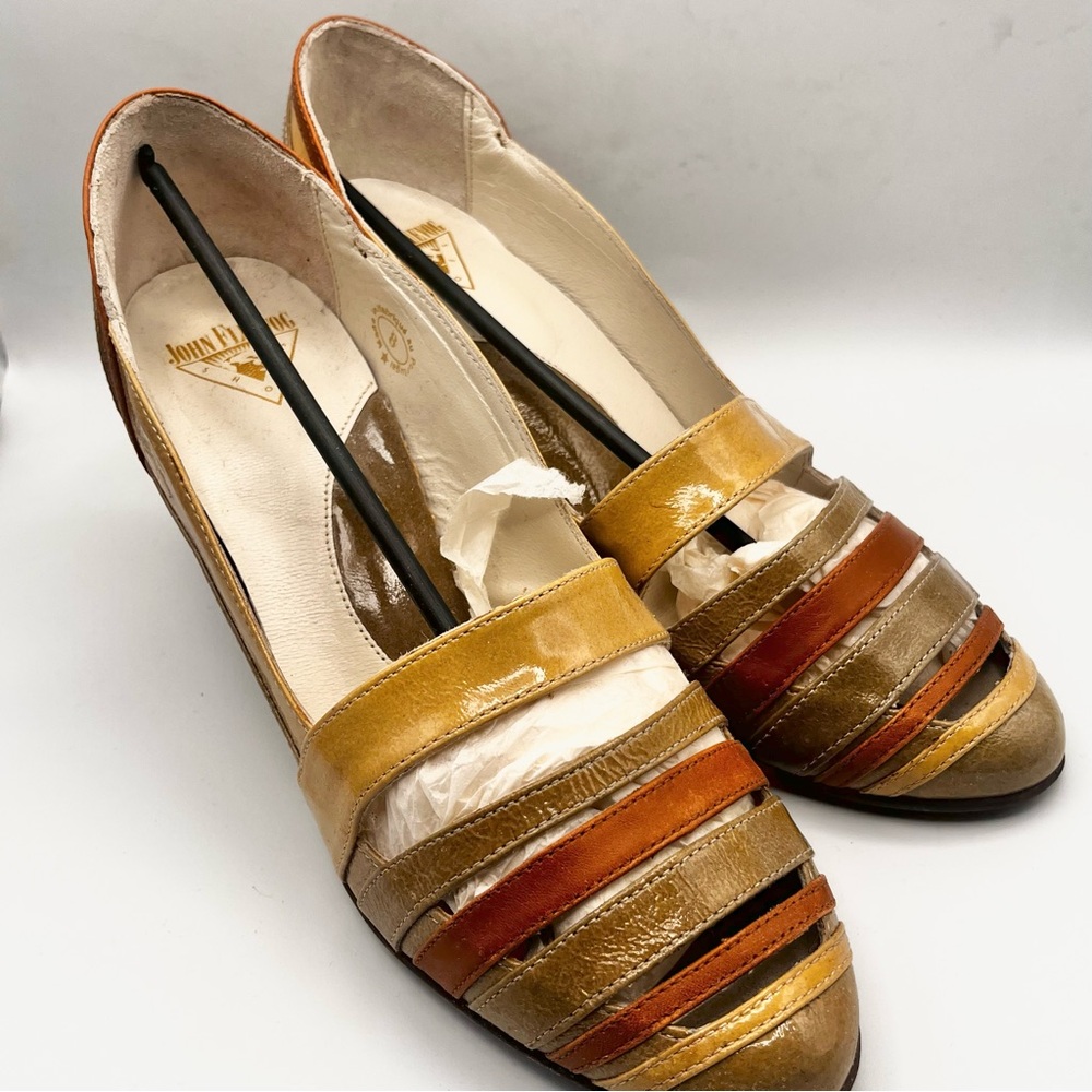 BNIB JOHN FLUEVOG MULTI COLOUR STRIPED PATENT PUMPS